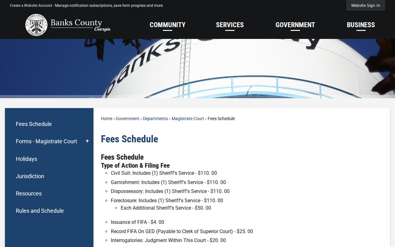 Banks County warrant application and service fee schedule