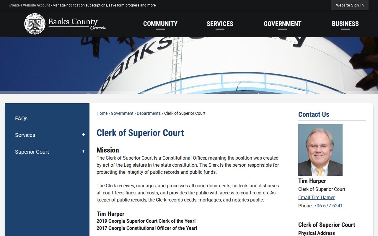 Banks County Clerk of Superior Court contact and record role